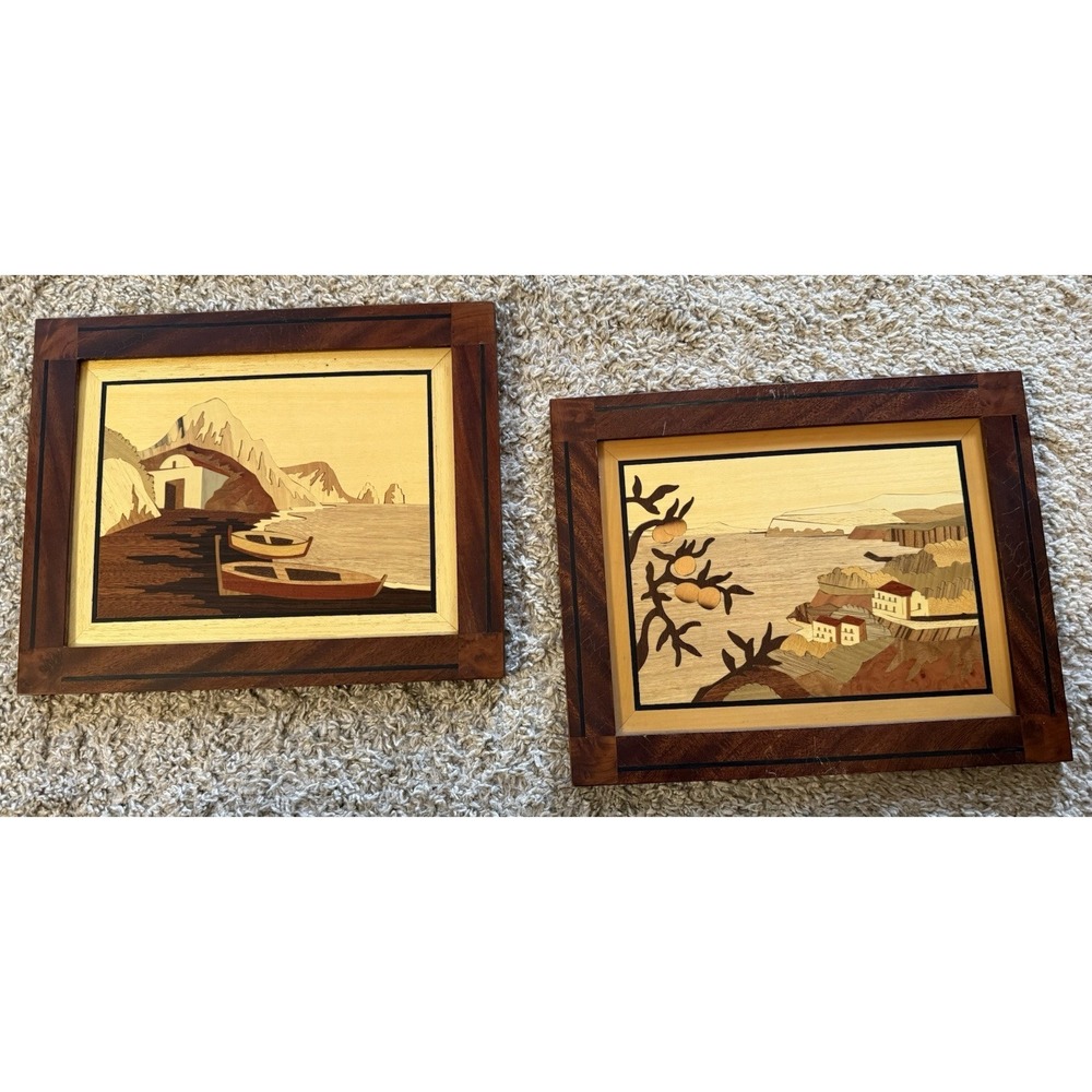 Set Of‎ 2 Vintage Italian Marquetry Inlaid Wood Sorrento Style Coastal Scenes - Picture 2 of 9